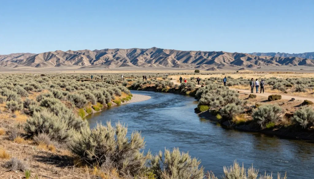 Carson River winding through Fort Churchill State Historic Park with desert mountains in background