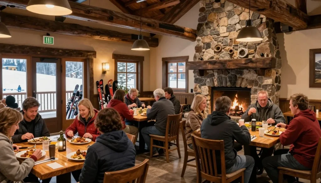 Casual mountain restaurant interior near Eagle Point Resort with diverse diners enjoying meals Casual mountain restaurant interior near Eagle Point Resort with diverse diners enjoying meals