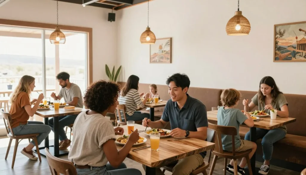 Casual restaurant dining scene with diverse diners