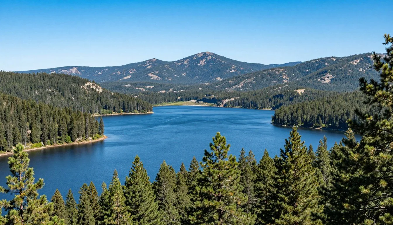 Causey-Reservoir-surrounded-by-forested-mountains-with-clear-blue-water Causey Reservoir surrounded by forested mountains with clear blue water