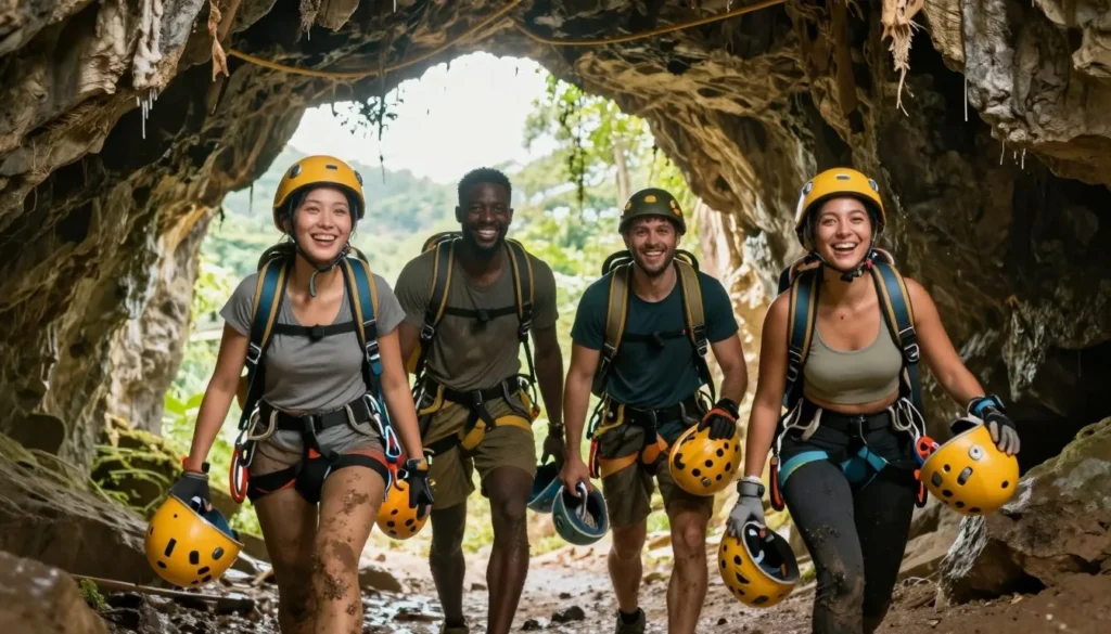 Cave explorers emerging from successful expedition looking satisfied