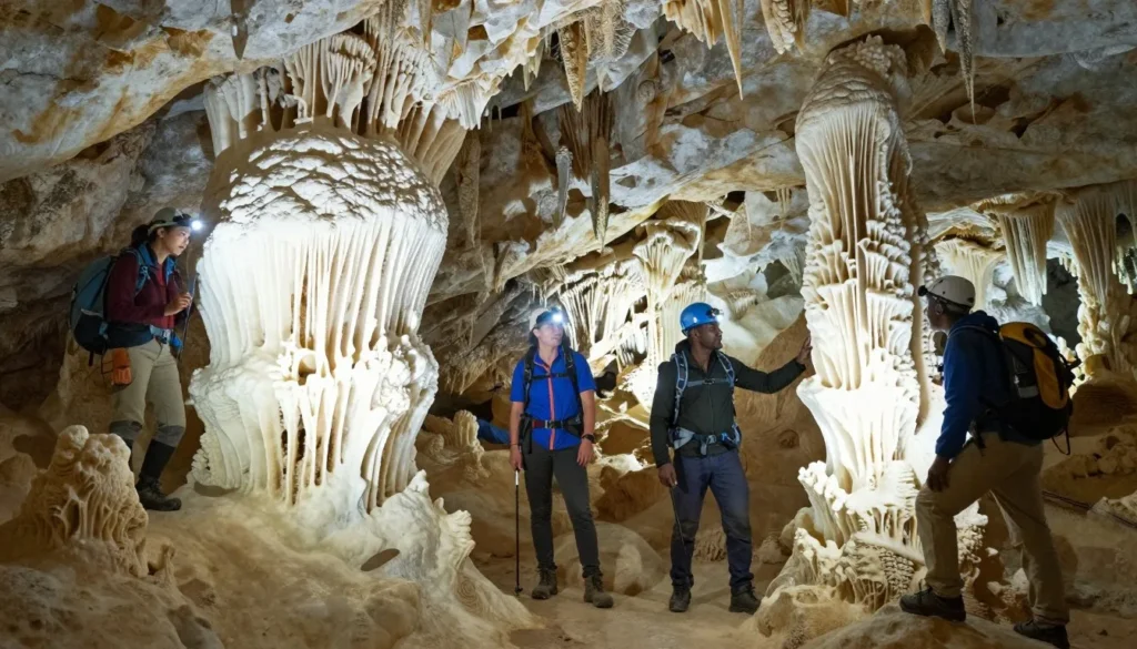 Cave explorers examining beautiful cave formations in comfortable conditions