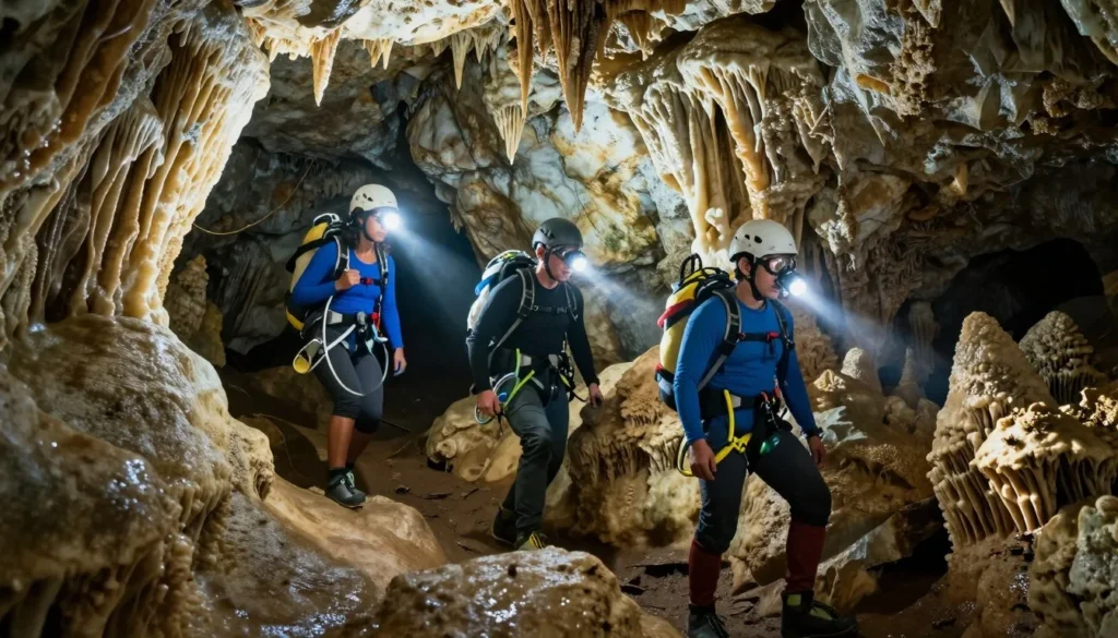Cave explorers navigating beautiful underground passage with formations