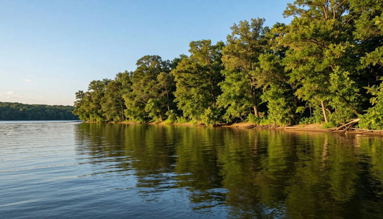 Cedar Creek Lake Tennessee scenic waterfront with lush green trees reflecting in calm blue water under clear sky