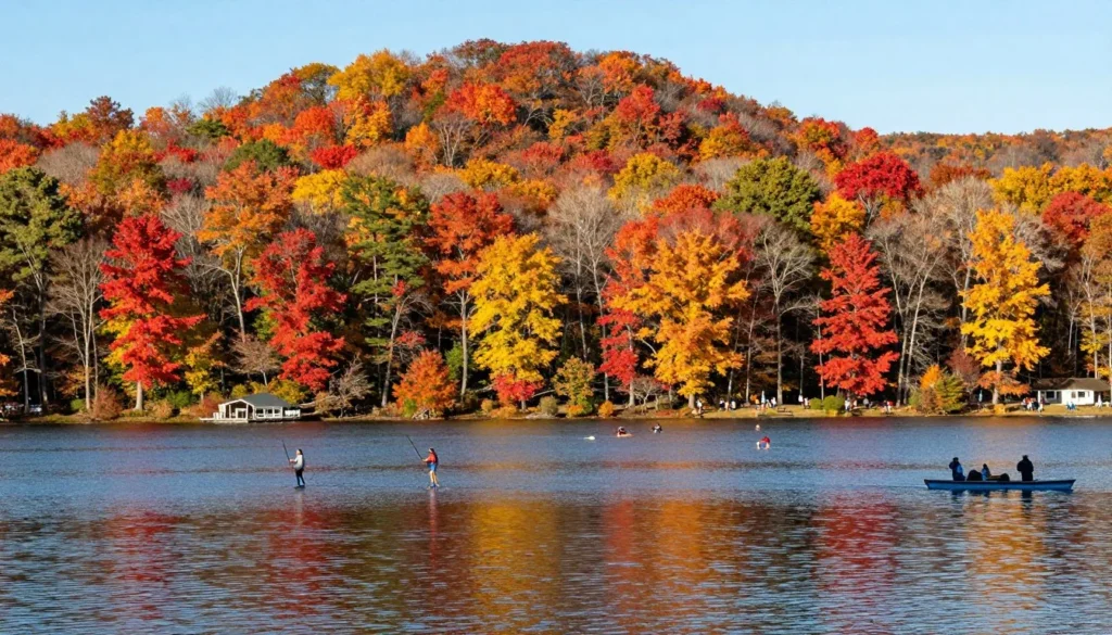 Center Hill Lake Tennessee during fall season with colorful foliage reflected in calm water