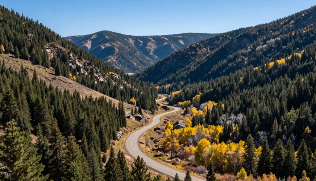 Chaffee County valley approach to Mount Princeton with winding mountain road through pine forests Chaffee County valley approach to Mount Princeton with winding mountain road through pine forests