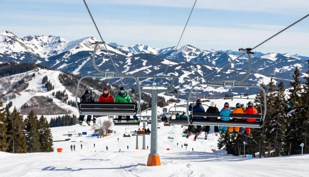 Chairlifts at Loveland Ski Area Colorado carrying skiers up mountain slopes Chairlifts at Loveland Ski Area Colorado carrying skiers up mountain slopes