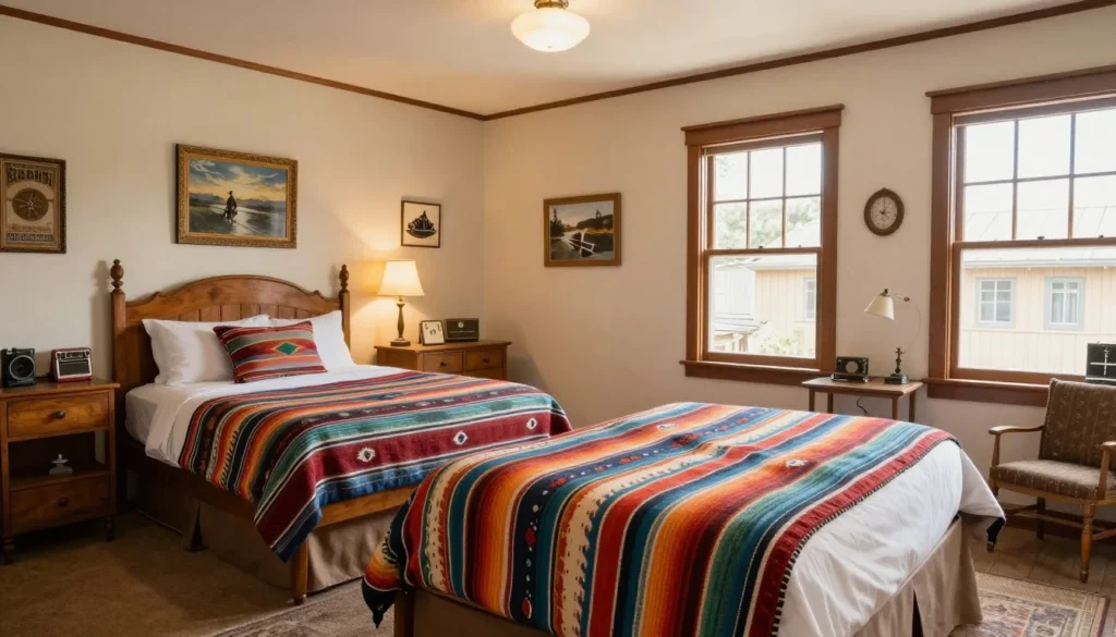 Charming historic hotel bedroom with Western decor and comfortable furnishings Charming historic hotel bedroom with Western decor and comfortable furnishings