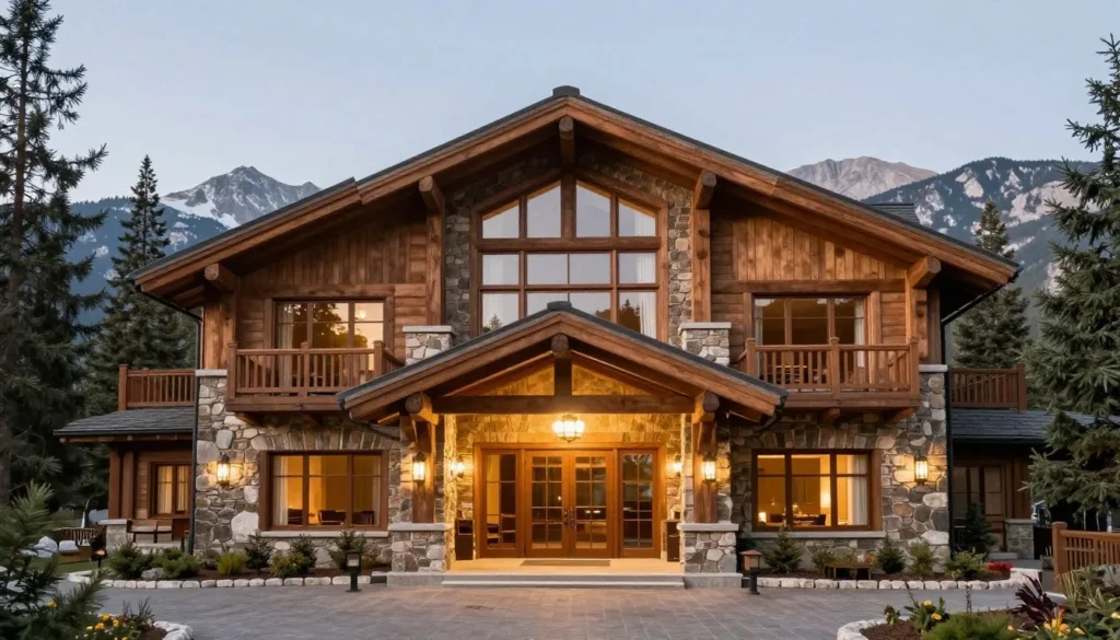 Charming mountain lodge exterior with stone and timber construction surrounded by pine trees Charming mountain lodge exterior with stone and timber construction surrounded by pine trees