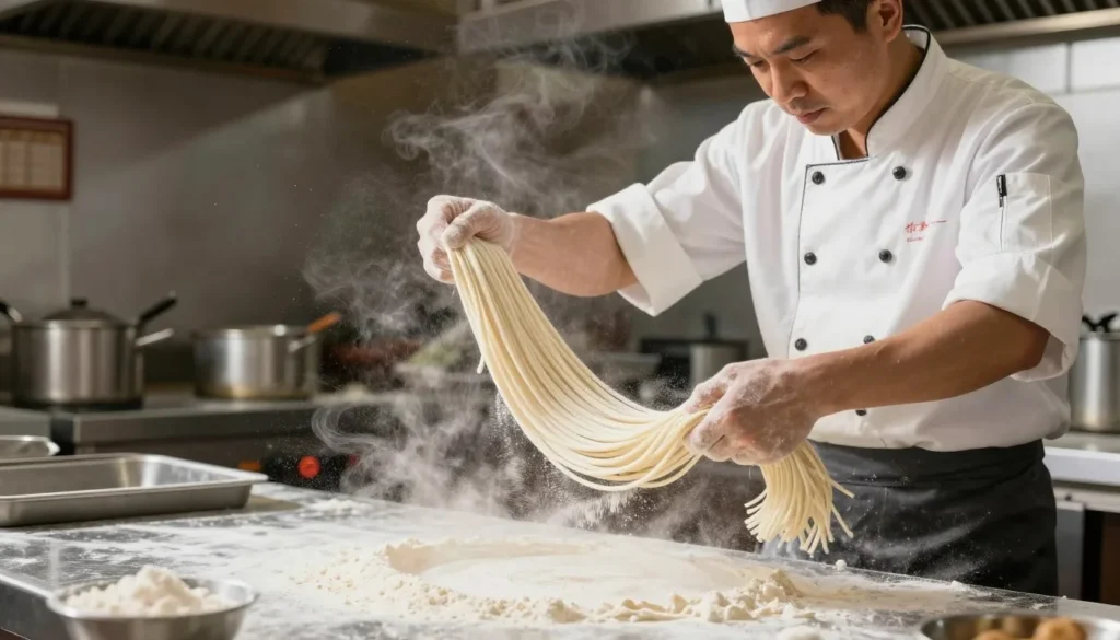 Chef hand-pulling fresh noodles in Chinese restaurant kitchen Chef hand-pulling fresh noodles in Chinese restaurant kitchen