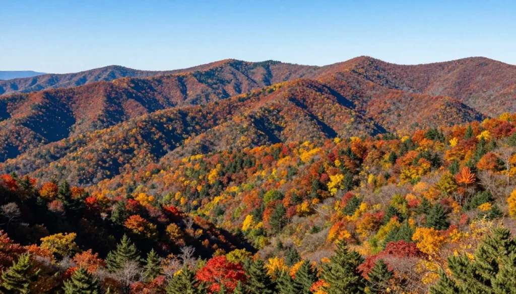 Cherohala Skyway mountain vista with autumn foliage in peak colors stretching across multiple ridges