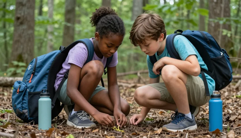Children exploring nature and discovering wildlife in forest