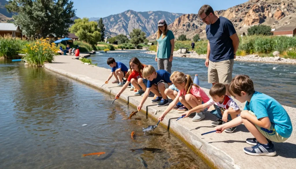 Children feeding fish at riverside park with mountain backdrop and parents watching