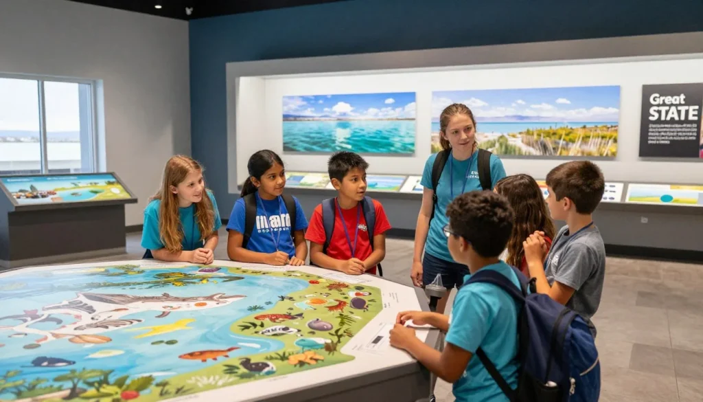 Children learning about lake ecology at visitor center exhibit Children learning about lake ecology at visitor center exhibit