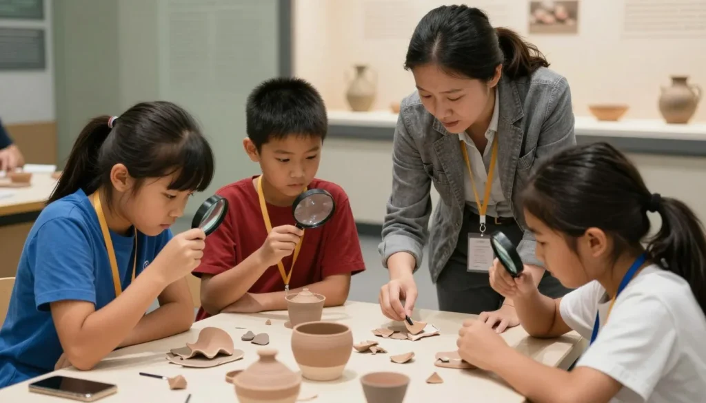 Children participating in hands-on archaeology activity