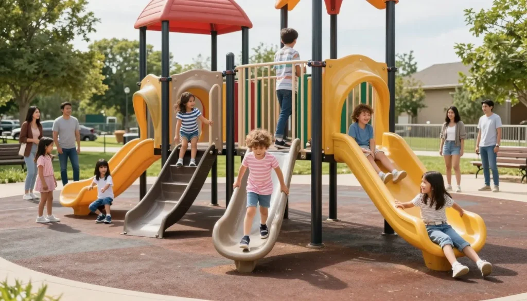 Children playing at Steele Creek Park playground with parents watching nearby