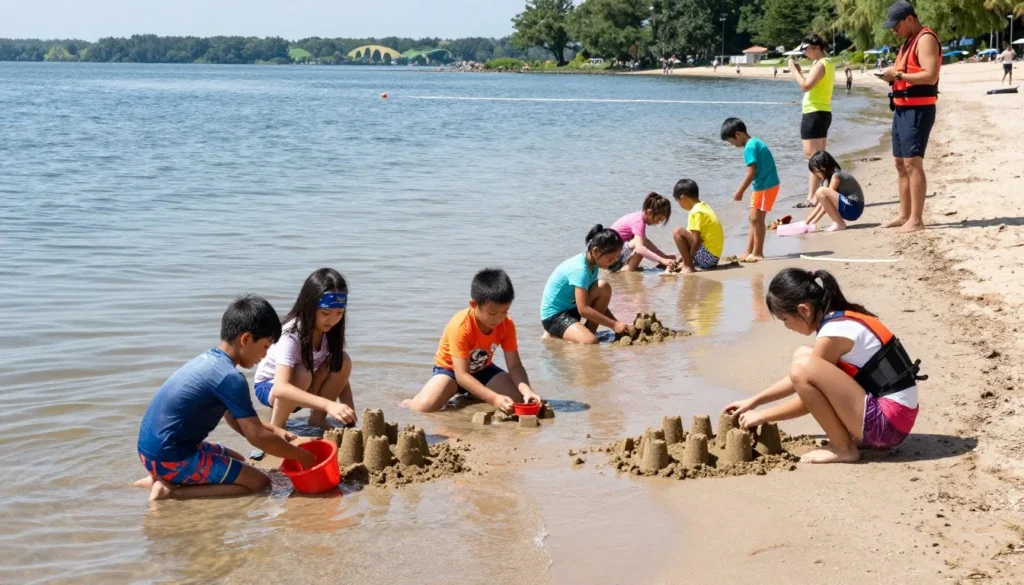 Children playing in shallow water at San Luis Lakes