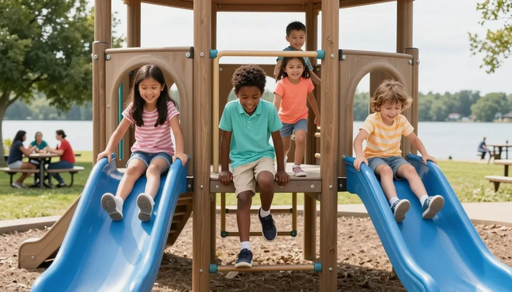 Children playing on playground equipment near Cedar Creek Lake picnic area
