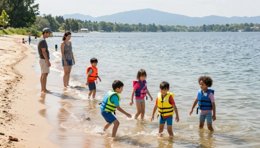 Children playing safely at Boone Lake swim area with parents watching