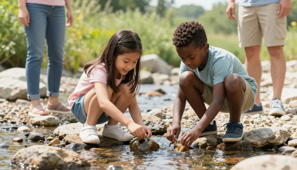 Children playing safely by creek under parent supervision