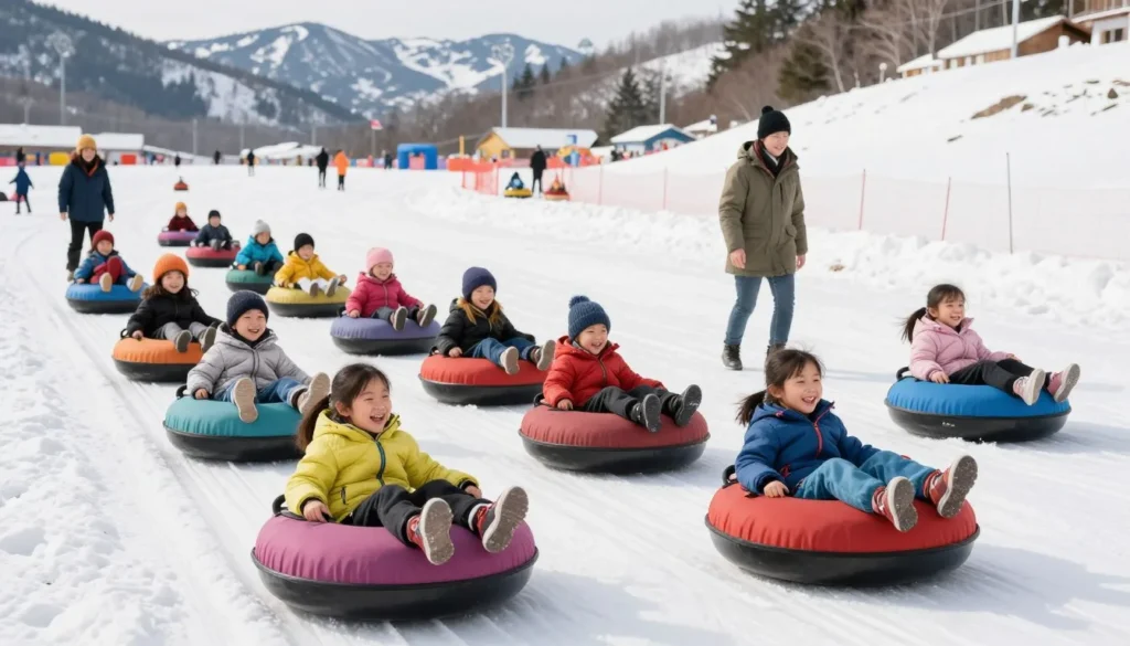 Children snow tubing at mountain resort Children snow tubing at mountain resort