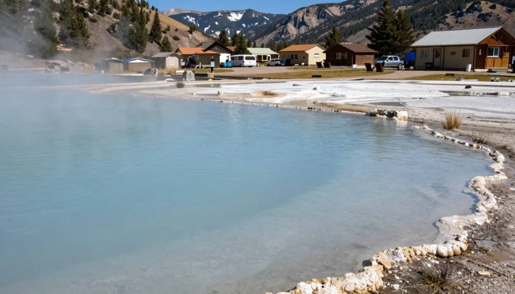 Clear natural hot spring pool with pristine mountain environment and proper campsite setup
