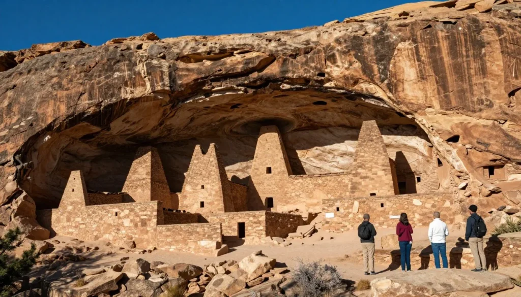 Cliff Palace dwelling with multiple stories and tower structures in sandstone alcove