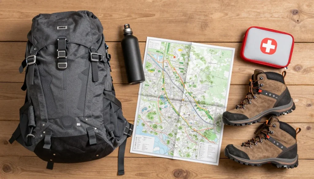Close-up of essential hiking gear including backpack, water bottles, trail map, and hiking boots Close-up of essential hiking gear including backpack, water bottles, trail map, and hiking boots