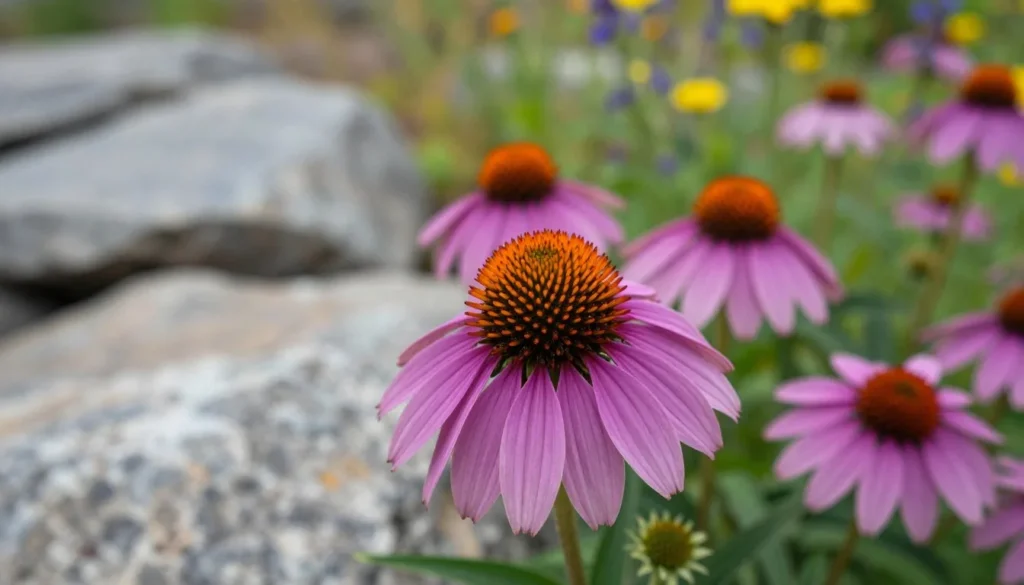 Close-up of rare purple coneflowers blooming in limestone glade