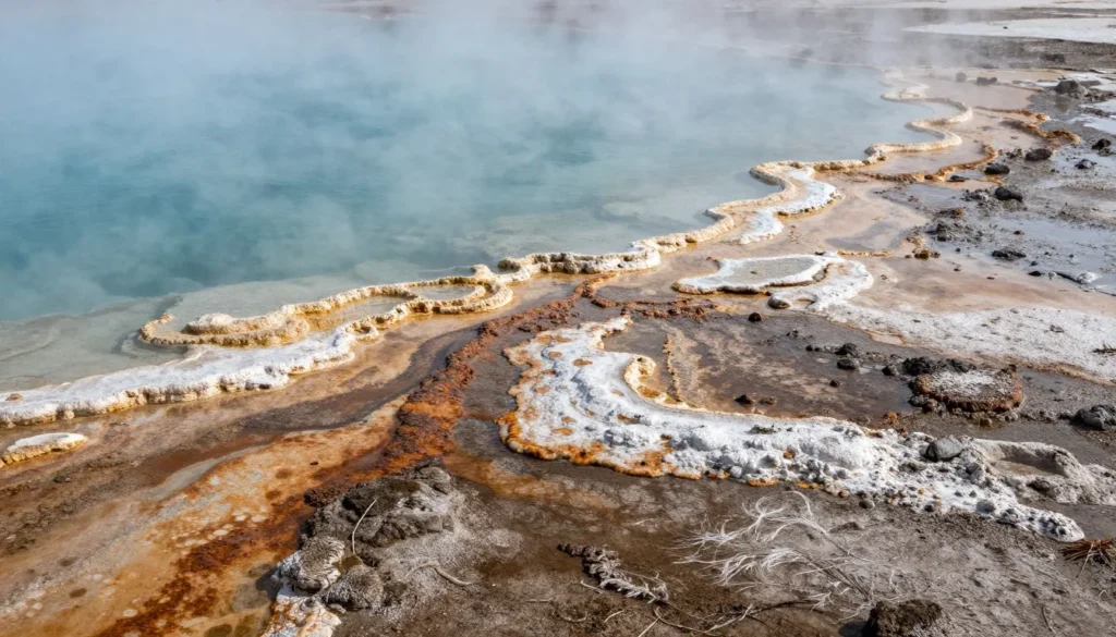 Close-up view of natural hot springs water flowing over colorful mineral-stained rocks
