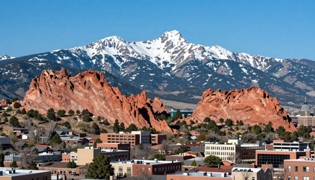 Colorado Springs city view with Pikes Peak Massif Colorado backdrop