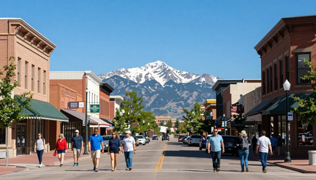 Colorado Springs downtown area with Pikes Peak mountain visible in background Colorado Springs downtown area with Pikes Peak mountain visible in background
