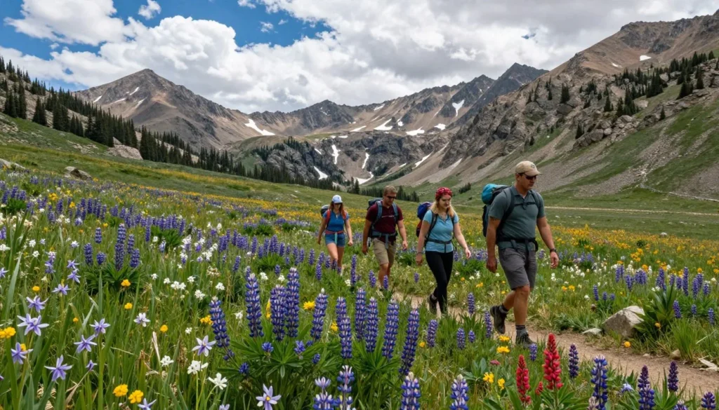 Colorado alpine wildflower meadow with mountain backdrop