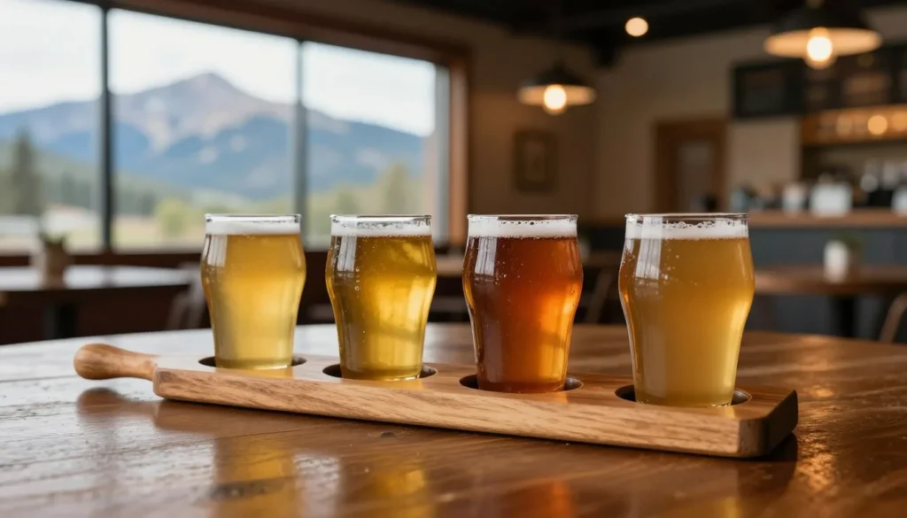 Colorado craft beer flight with mountain view through window Colorado craft beer flight with mountain view through window