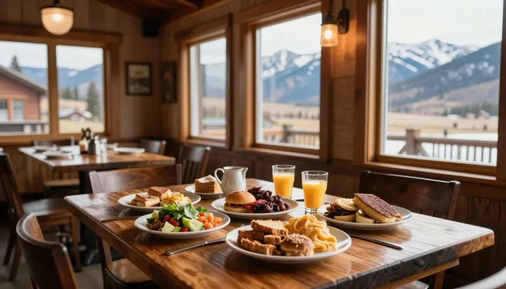 Colorado mountain town restaurant serving hearty breakfast with mountain views