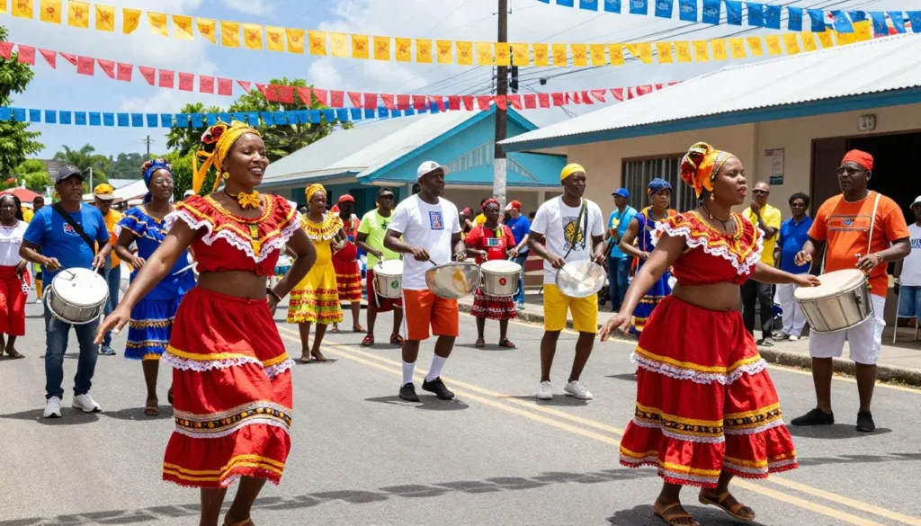 Colorful Caribbean festival celebration with diverse people in traditional costumes