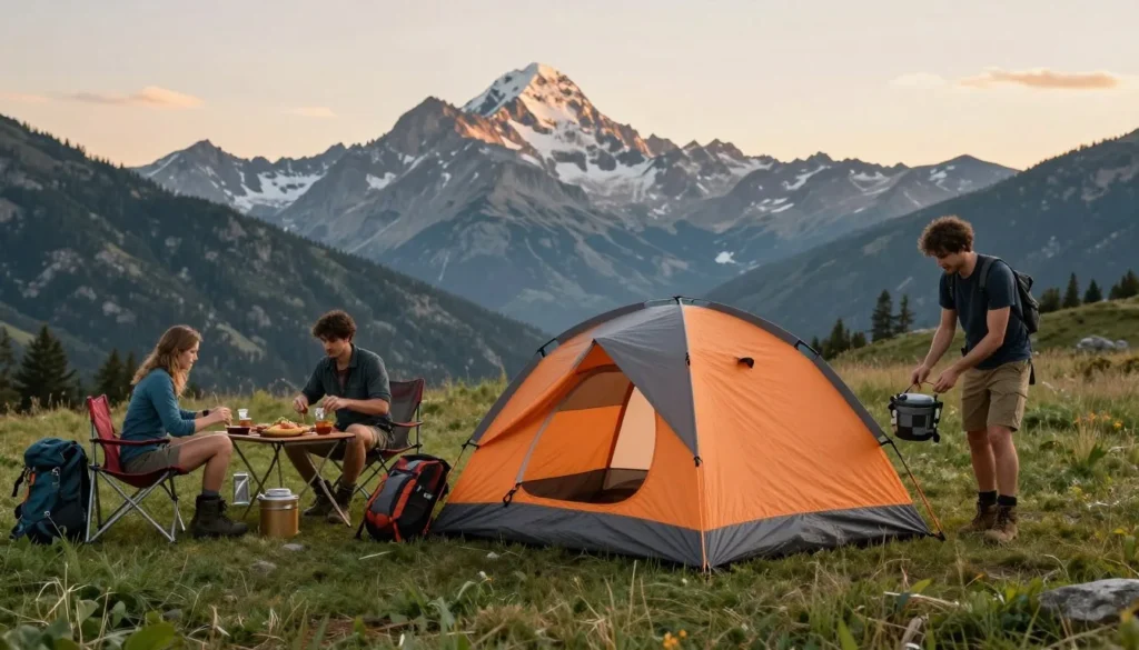 Colorful camping tent setup in alpine meadow with mountain views at sunset Colorful camping tent setup in alpine meadow with mountain views at sunset