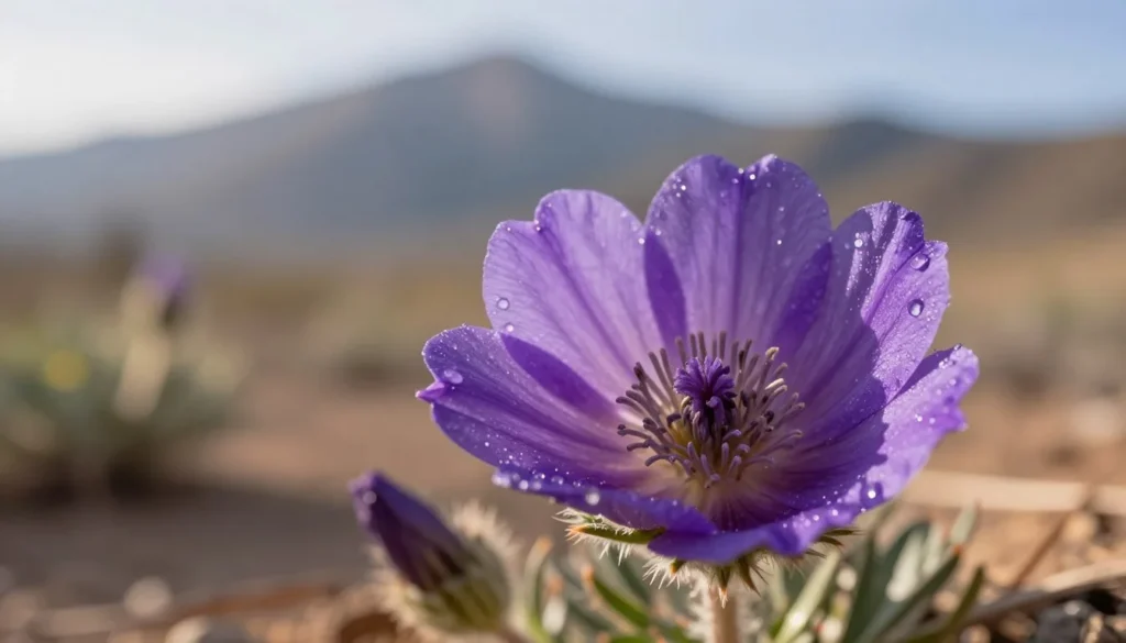 Colorful desert wildflower close-up with mountains blurred in background Colorful desert wildflower close-up with mountains blurred in background