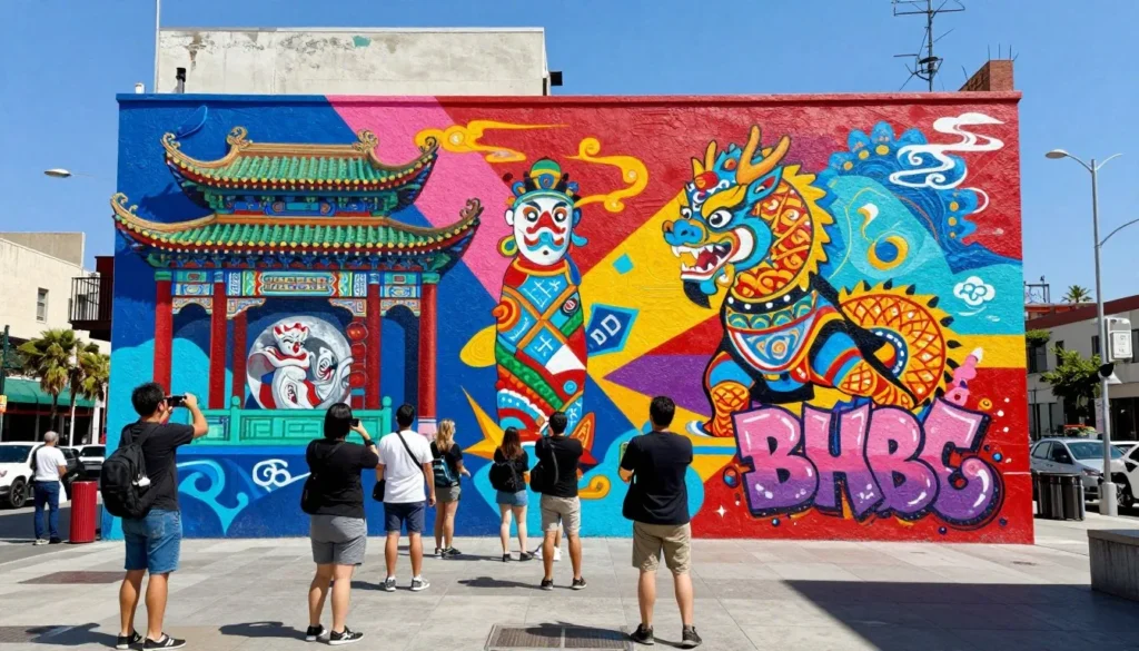 Colorful murals and street art in Chinatown Los Angeles plaza Colorful murals and street art in Chinatown Los Angeles plaza