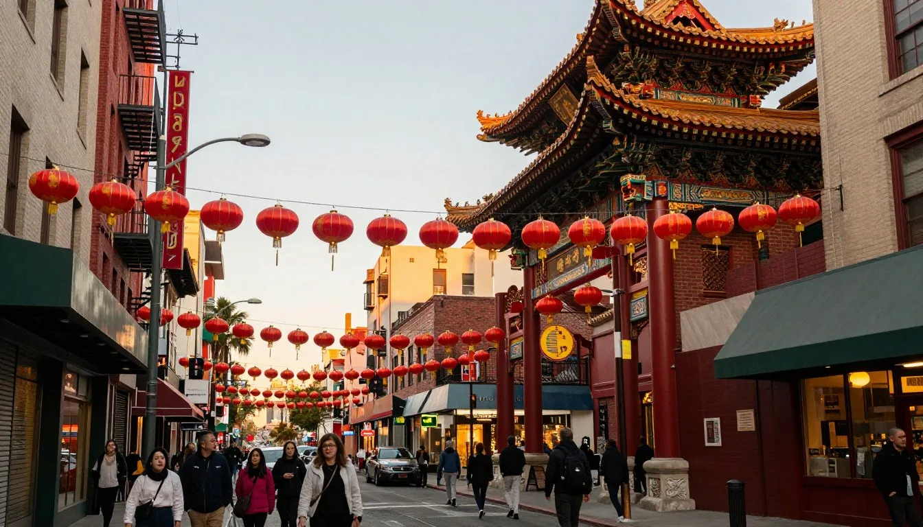 Colorful traditional Chinese lanterns illuminating the streets of Chinatown Los Angeles at dusk