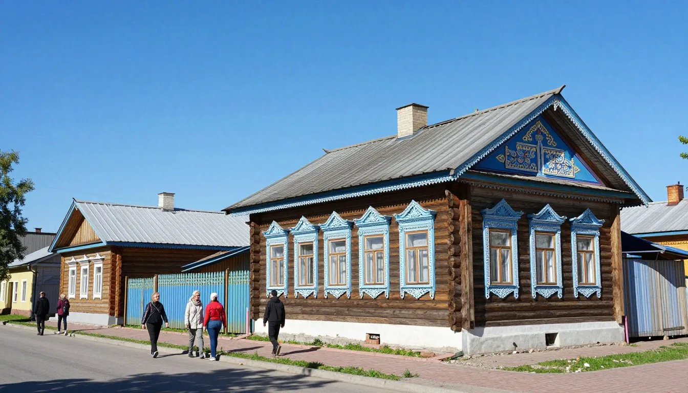 Colorful traditional Udmurt wooden houses with intricate carved decorations in Izhevsk