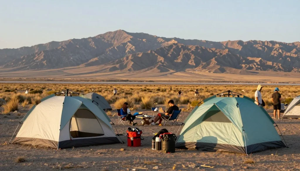 Comfortable camping setup near Great Salt Lake with tents and mountain views Comfortable camping setup near Great Salt Lake with tents and mountain views