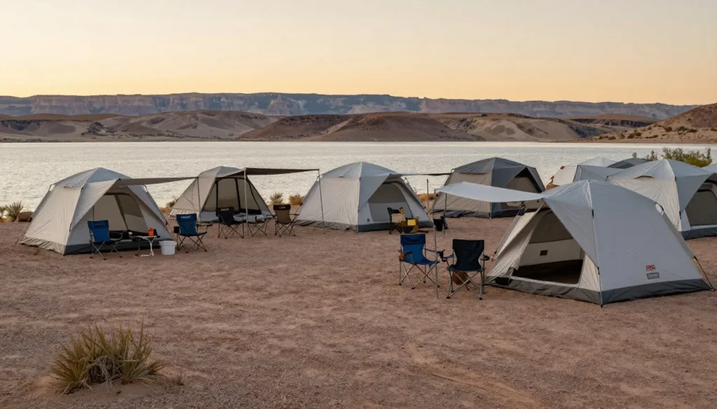 Comfortable desert campsite setup near Lake Mead with tent and camping equipment at sunset Comfortable desert campsite setup near Lake Mead with tent and camping equipment at sunset