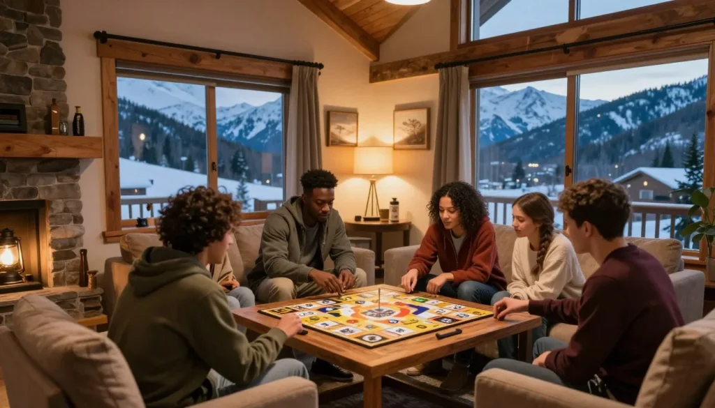 Comfortable evening at mountain lodge near Eagle Point with travelers relaxing Comfortable evening at mountain lodge near Eagle Point with travelers relaxing