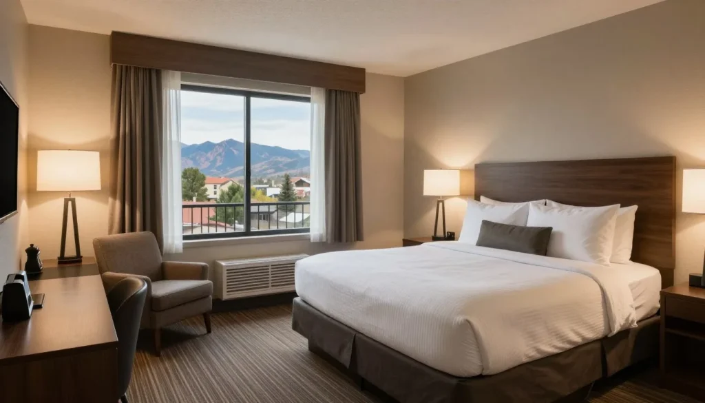 Comfortable hotel room in Colorado Springs with mountain view through window Comfortable hotel room in Colorado Springs with mountain view through window