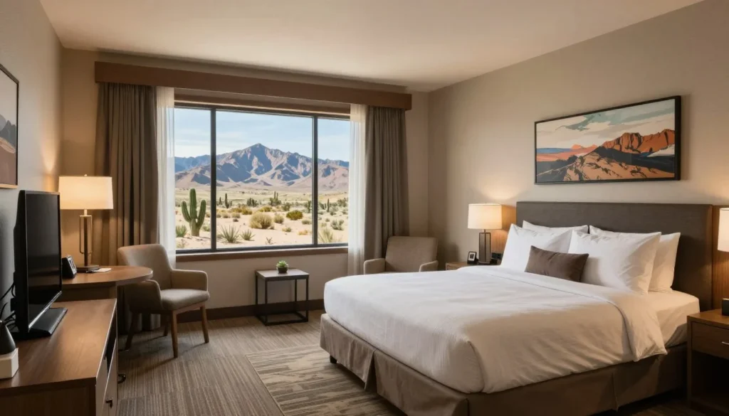 Comfortable hotel room interior in Nevada with mountain view through window and Western-themed decor