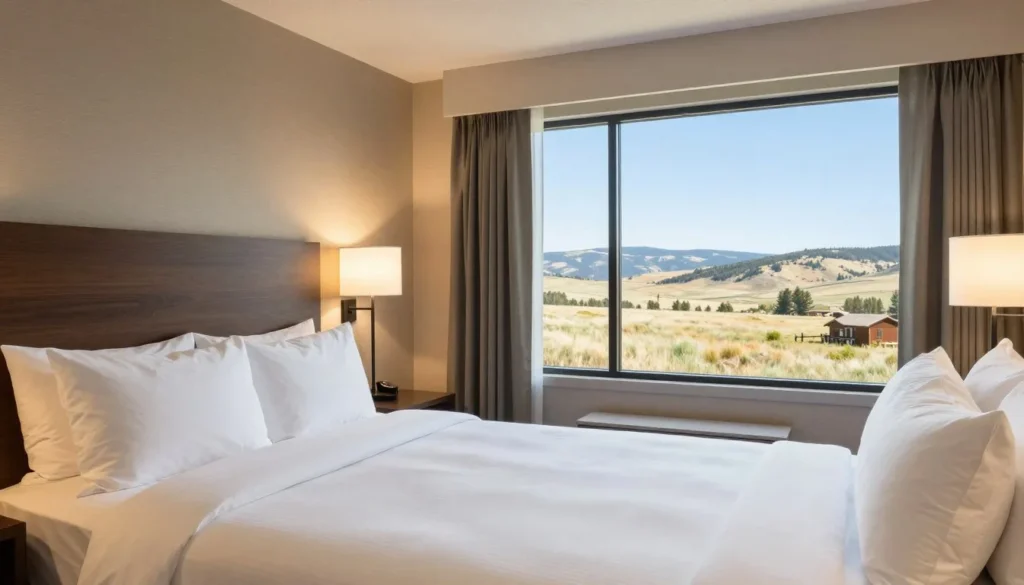 Comfortable hotel room interior in Sterling Colorado with prairie view through window