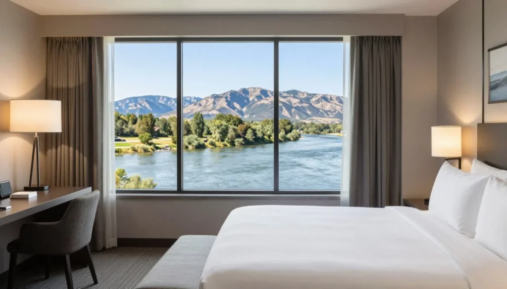 Comfortable hotel room interior with view of South Platte River and trail from window Comfortable hotel room interior with view of South Platte River and trail from window