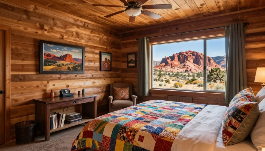 Comfortable lodge room interior with rustic Western decor and window view of red rocks