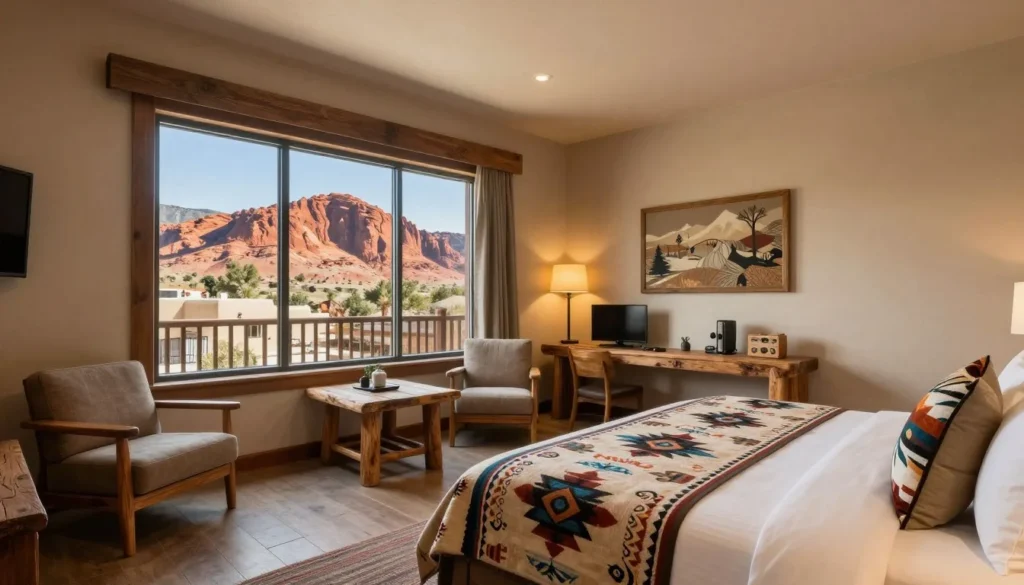 Comfortable lodge room with southwestern decor and red rock views